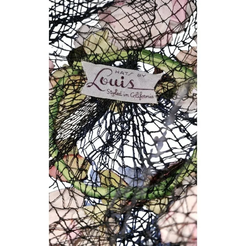LOUIS Styled in California Vintage Floral Hat Black Net Pink Silk Roses